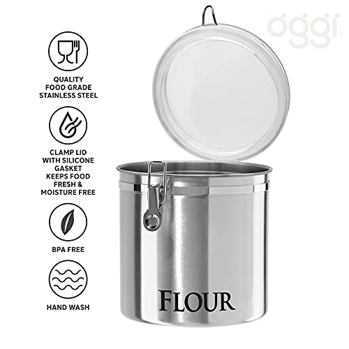 Oggi Stainless Steel Kitchen Canister 152oz + Oggi Jumbo 8" Stainless Steel Flour Clamp Canister - color: Stainless Steel, size: 152 Fluid Ounces, style: Airtight Canister + Storage Container