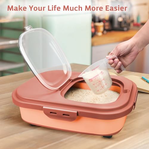 Komzon Rice Storage Containers, Collapsible 20 to 30Lbs Food Storage Bin Dispenser with Rolling Wheel and Clear Airtight Lid, BPA Free Flour, Sugar, Cereal and Dog Cat Pet food Containers - color: Pink