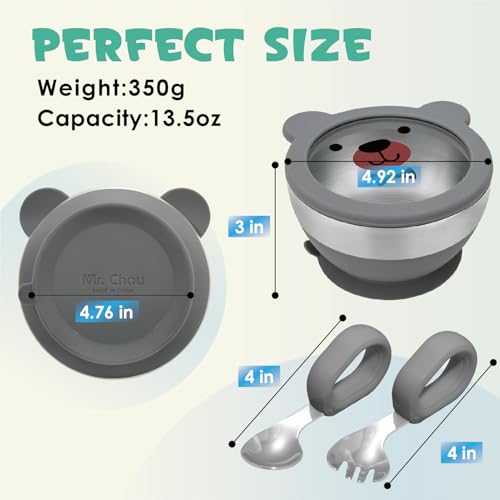 MR. CHOU Baby Bowl Set with Spoon & Fork, Insulated Double-Layer 18/8 Stainless Steel Toddler Bowls with Silicone Suction Cup & BPA Free Airtight Lids, Food Grade Infant Self-Feeding Bowl, Gray - color: Gray-S