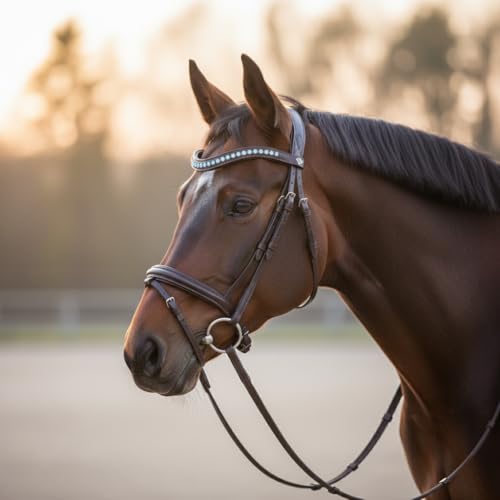 Equine Care English Horse Bridle with Reins, Padded, 6 Browband Styles - color: Havana Brown with Ice Blue Crystal