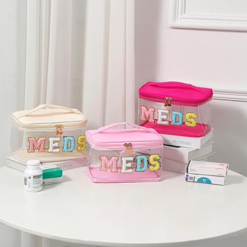 uekeboag Chenille Letter MEDS Clear Medicine Makeup Bag(01Hot Pink) | Personalized Transparent Large Waterproof Nylon Cosmetic Toiletry bag with Top Handle, Meds First Aid Travel Organizer - color: 01Hot Pink