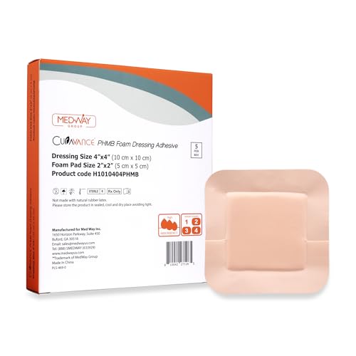 MedVance Waterproof Adhesive Hydrophilic Foam Dressing 4"x4", Box of 5 | Sterile And Individually Wrapped - Absorbent Antibacterial Dressing - Prevents Infection Of Wounds - Promotes Healing - size: 4"x4" PHMB