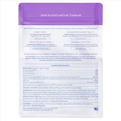Native Pet WonderGland - Dog Anal Gland Supplement - Promotes Firm Stools, Natural Gland Expression to Help Reduce Scooting - Fiber Food Topper with Miscanthus Grass, Pumpkin & Probiotics - 120 Scoops - size: 120 Servings