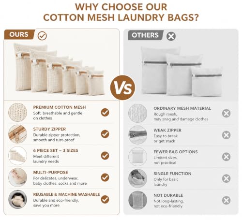 6-Pack Laundry Bags, Durable Cotton Mesh with Sturdy Zipper, Breathable Mesh Fabric, Ideal for Washing Underwear, Pants, Shoes, Socks and Delicate Garments - color: Beige, size: 19.6"L x 15.7"W x 0.2"H