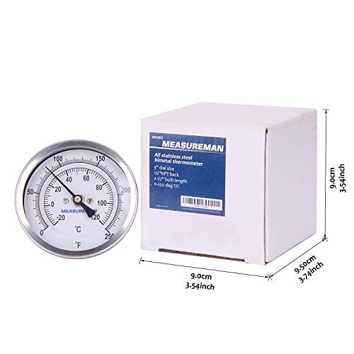 MEASUREMAN Fully Stainless Steel Pot, Kettle, Brewing Bimetal Thermometer, 3" Dial, 2-1/2" Stem, 0-250 deg F/-20-120 deg C, -1% Accuracy, Adjustable, 1/2" NPT Back Mount - size: 3" Dial, 2-1/2" Stem, 0-250 deg F/-20-120 deg C, style: 2-1/2" Stem