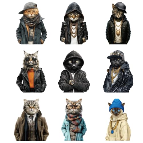arricraft 9 Sheets Anthropomorphic Cat Iron on Stickers, Street Hip-Hop Cat Pattern Print Transfer Stickers Decals for DIY T-Shirt Jeans Backpacks Families Clothing Hat Decoration Applique - style: Street Hip-Hop Cat Theme