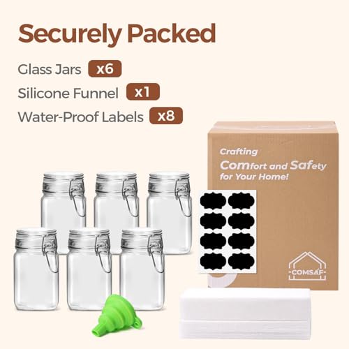 ComSaf Square Glass Spice Jars 8 oz 6 Pack with Labels and Funnel Set - size: 8oz*6