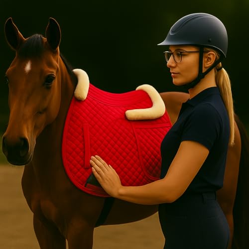 Universal English Saddle Pad with Adjustable Shims, Faux Shearling Trim, Plush Faux Wool, 3D Cooling & Non-Slip Tech. Ideal for Dressage, Jumping & Training. Machine Washable - color: Red
