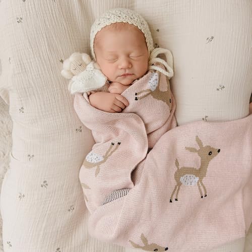Knit Baby Swaddle Blanket - 100% Cotton Soft Cozy Receiving Swaddle Stroller Blanket for Shower Gift Registry for Newborns, Infants, Toddlers (Deer - Pink) - color: 10 - Deer - Pink