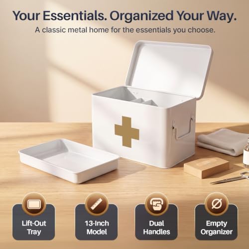 Flexzion Large Metal First Aid Box Empty, 13-Inch, White with Gold Cross - color: White - Gold Cross, size: 13 Inch without Latch Lock
