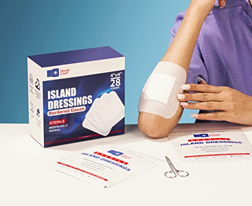 GauzeCare Island Dressing 4x4 inch 28 Pcs| Individually Packed Sterile Pouches| 2x2 Non-Stick Pad in Center with Acrylic Adhesive Borders| Water-Resistant Adhesive Pads for Wound Care and Dressing - size: 4x4 Inch - 28 Dressings