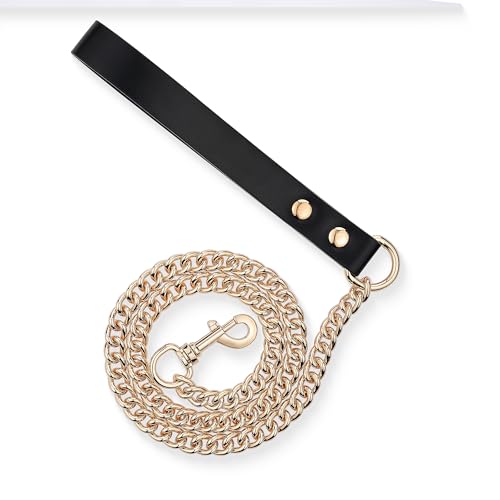38" Aluminum Chain Leash with Leather Handle for Collar - color: Black&Gold
