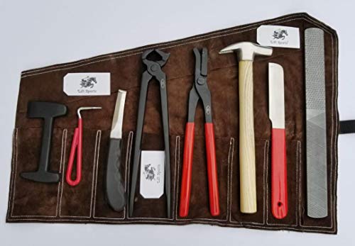 Professional Heavy Duty Horse Farrier Tools Kit Hoof Nipper Clincher Rasp Hammer Knife Forge Nail Grooming Kit with Leather Roll Up Wallet