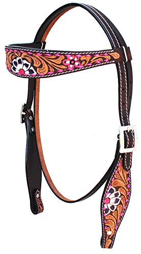 CHALLENGER Horse Western Leather Tooled Headstall Bridle Breast Collar Tack Set 78HRBrowbandSet - color: Brown Pink Black Flower