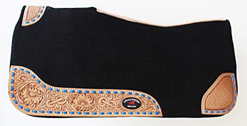 30"x 30" Horse SADDLE PAD Western Contoured Wool Felt Moisture Wicking 39RT - color: Black Tan Leather Blue stitch, size: 30" Spine x 15" Drop, 3/4" Thick