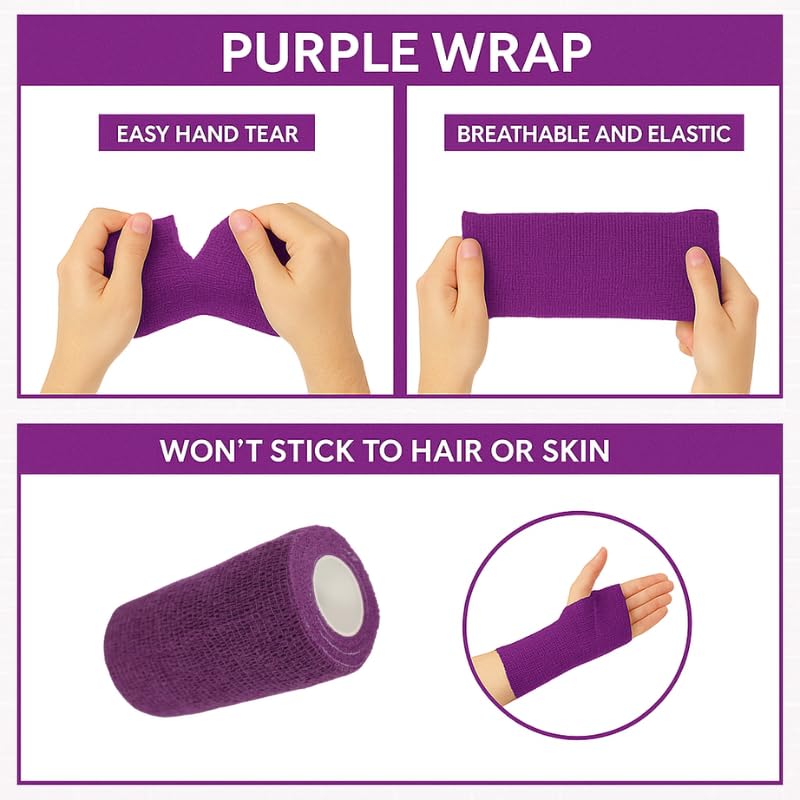 4" Cohesive Flexible Bandage Wrap – Purple - Pack of 4 | Self-Adherent Vet Tape for Animal Wound Care, Wrapping, and Support – Non-Slip, Breathable, Flexible Bandage for Livestock - color: Purple