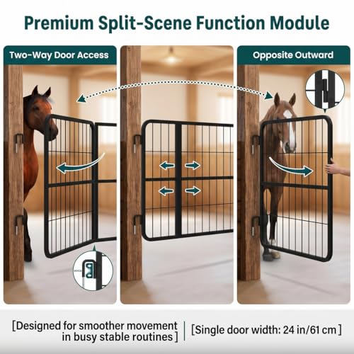 Durable 48"x24" Grid Horse Stall Gates, Two-Way Opening Matte Black Stall Guards for Horses, Robust Steel Stable Door for Show Stables & Barns, Easy Installation