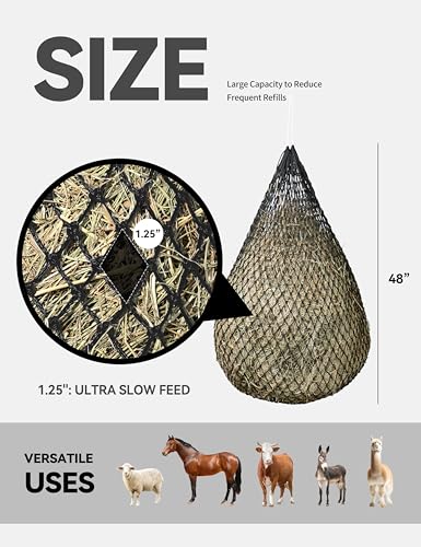 2-Pack 48’’ Length Hay Nets for Horses Slow Feed w/Drawstring Closure Hay Bags for Horses & Livestock-1.25" Black - size: 1.25"