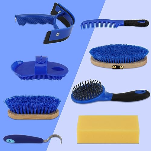 Horse Grooming Kit, 9-Piece Horse Brush Set with Tote Bag, Blue - color: Blue