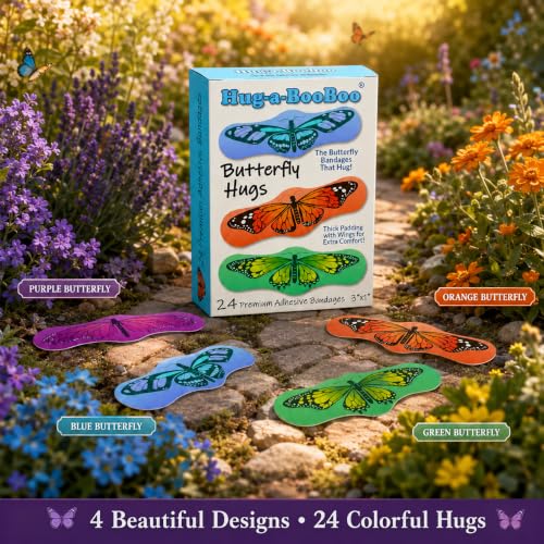 Butterfly Hugs - Premium Adhesive Butterfly Bandages from Hug-a-BooBoo, The Amazing Butterfly Bandages that Hug! Pretty Colorful Butterfies 24 Count Box - size: 24ct, style: Butterfly Hugs