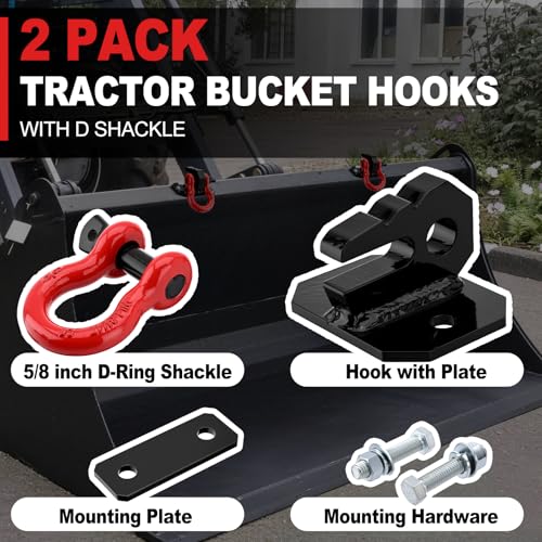 3/8" Tractor Bucket Grab Hook with 5/8" Tie Down D-Ring Shackle | 2-Pack,Bolt-On Tow Hook Mount with Backer Plate,Heavy Duty Carbon Steel,10,000 lbs,Compatible with Tractors,Loaders,Trailers - color: Black & Red