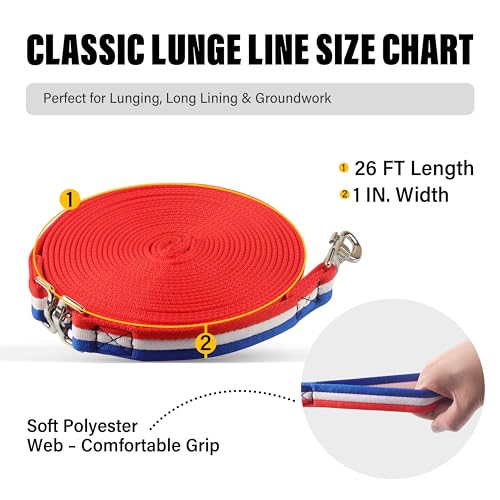 26FT Horse & Dog Training Leash - Lunge Line with 360° Swivel Snaps - color: Red/White/Blue
