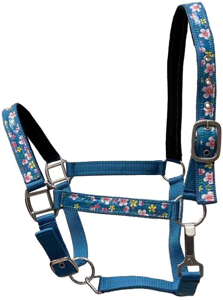 2 Ply Nylon Horse Size Halter with Flower Design Tape Accent - color: Teal