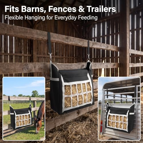 2 Pack Slow Feed Horse Hay Bag, Heavy Duty Waterproof Oxford Hay Feeder Bag with 3.6" Slow Feed Holes, Hanging Hay Net for Stall, Fence, Trailer, Fit Horse Sheep Goat Cattle Donkey
