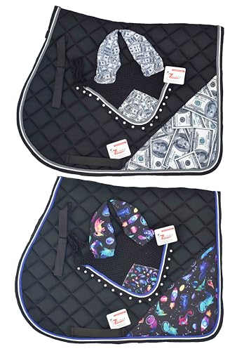 Dinasour Print Saddle Pad Set with Matching Ear Bonnet – Animal Print Horse Riding Gear – Non-Slip & Breathable – Western/English Show