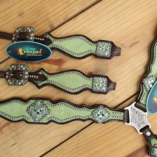 Western Leather Headstall & Breast Collar Set for Horses - Valentine’s Day Silver Metallic Cowhide with Rhinestones - color: Lime Green