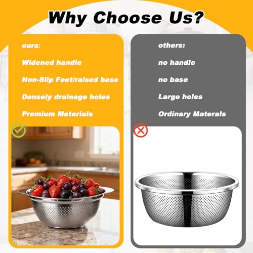 3 Pcs Stainless Steel Colander Strainer Set Metal Colander for Kitchen Pasta Strainer for Rice Food Fruits Spaghetti Vegetables (2QT, 3QT, 5QT)