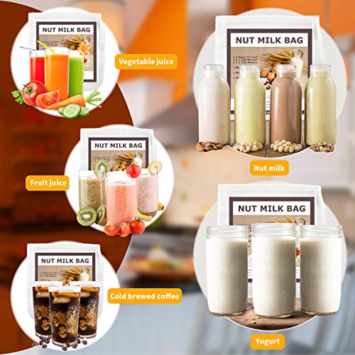 SCENGCLOS Nut Milk Bags, 12"x12", 2 Pack, Reusable Nylon Food Strainer, Multi-use Food Grade Filter for Almond Milk, Juice, Tea, Cold Brew Coffee(1x200 Micron & 1x125 Micron)