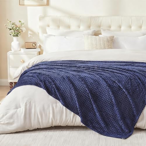 EMME Fleece Blanket, 3D Jacquard Throw Blanket for Couch and Bed, Soft Cozy and Fluffy Blankets Lightweight Luxury Flannel with Geometric Grid Design (Navy Blue, 60" x 80") - color: 17-grid-navy Blue, size: Twin