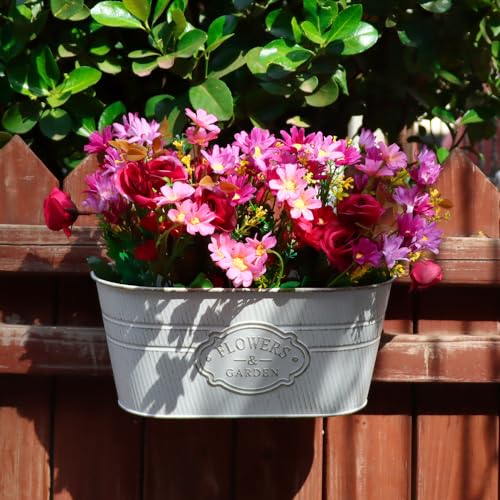 3 Pack Metal Railing Planters, 10.5" Oval Hanging Flower Pots with Detachable Hooks & Drainage Holes, Fits Rails up to 2.36", Galvanized Iron Fence Bucket for Balcony Garden Patio - Letter White - color: Letter White, size: 3 Pack, 10.5"L x 5.7"W x 4.7"H