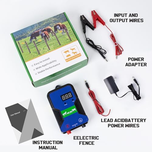 Electric Fence Charger,9.32 Miles/15 Km,12KV Output Voltage 2J Energy Output,AC DC Electric Fence Energizer with LED Display for Preventing Wild Animals Intruding Great for Gardens,Poultry and Pets