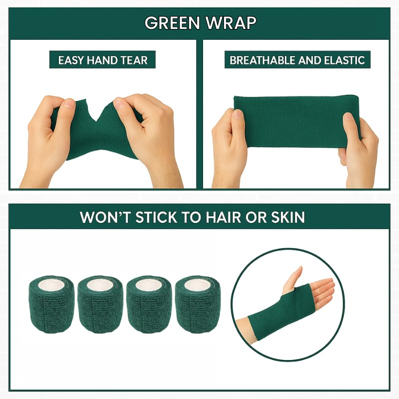 2" Cohesive Flexible Bandage Wrap – Green - Pack of 8 - color: Green