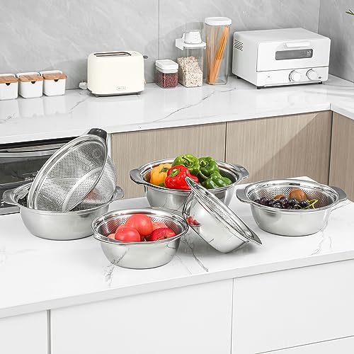 Paoli 304 Stainless Steel Fine Mesh Colander Set, 3.5QT Large Capacity Strainer with Mixing Bowl — Rinse Fruits, Veggies, Rice & Drain Pasta, Dishwasher Safe (2-Piece) - color: Primary color with handle, size: 3.5qt