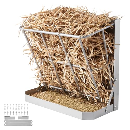 Happybuy Goat Hay Feeder, 21 Gallons Large Capacity, 2 in 1 Hay and Grain Feeder, Wall Mounted Livestock Feeder with Feed Tray, Multiple Sided Goat Hay Rack, Sturdy Steel Hay Rack for Sheep Horses