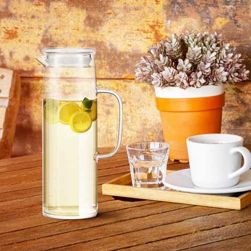 Hsei 2 Sets Glass Pitcher with Lid, 50 oz / 1500 ml Water Carafe with Handles Hot Cold Beverage Water Jar Glass Jug for Tea Juice Milk Coffee Iced Beverage (Glass Lid) - color: Glass Lid, size: 1.5l