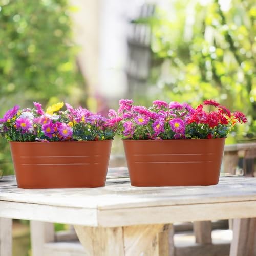 3 Pack Metal Railing Planters, 10.5" Oval Hanging Flower Pots with Detachable Hooks & Drainage Holes, Fits Rails up to 2.36", Galvanized Iron Fence Bucket for Balcony Garden Patio - Terracotta - color: Terracotta, size: 3 Pack, 10.5"L x 5.7"W x 4.7"H