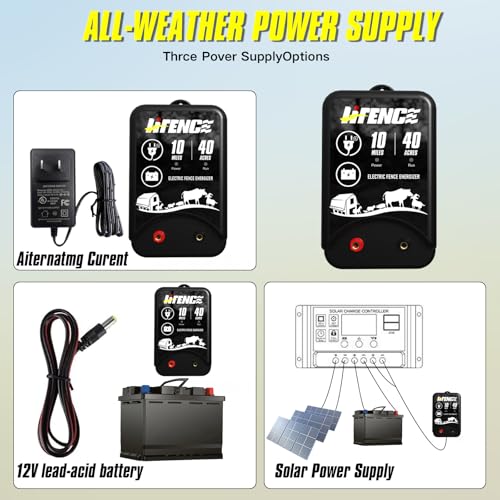 AC/DC 2 in 1 Power Supply, Electric Fence Energizer Kit for 10 Mile Preventing Wild Animal Intrusion, 40 Acre Coverage, 12V Input, 12KV 2 Joule Output, Electric Fence Charger for Livestock - color: BLACK-Complete Kit