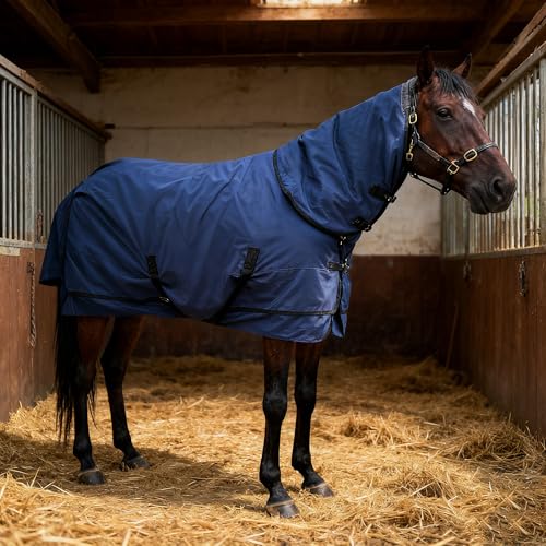 Horse Turnout Blanket | Medium Weight Horse Blanket with 1200D 250g Cotton Filling | Detachable Neck Cover & Belly Wrap (72in/135cm) - color: Blue&Black