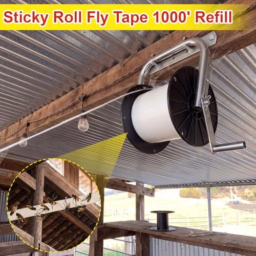 1000 ft Sticky Fly Tape Roll with Mounting Hardware Kit, Fly Reel Sticky Tape Trap with Complete Hardware, Pulleys & Mounting Brackets for Commercial Farm Flys Control Barn Stable Livestock