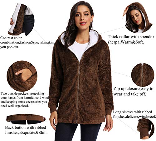 Fleece Coat for Women,Women's Oversized Zip Up Hooded Jacket Winter Plus Size Sherpa Coat - color: Abrown, size: Medium