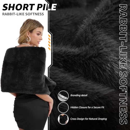 Women's Luxe Short Pile Faux Fur Coat with Shawl Collar - color: Midnight