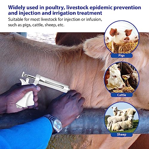 50ML Continuous Livestock Syringe, Adjustable Syringe For Horses, Sheep, Cattle, Pigs, Etc., Farm And Breeding Equipment, Large Capacity, Semi-Automatic, With 10 Stainless Steel Needles