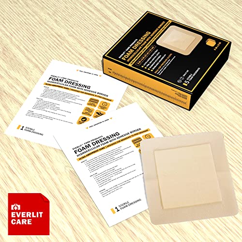 EVERLIT Care Silicone Foam Dressing with Adhesive Border | Highly Absorbent Hypoallergenic Bandages for Chronic Wounds, Bed Sores, Pressure Ulcers | Gentle & Secure Adhesion (6" x 6" | 5 Pack) - size: 6" x 6" | 5 Pack