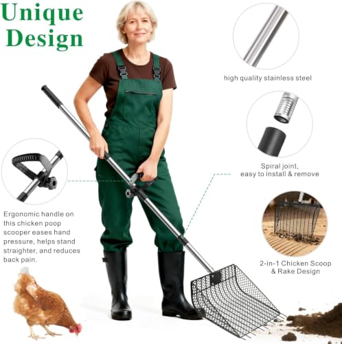 Chicken Poop Scooper & Rake 2-in-1, 25" to 67" - size: 11.8"L x 9.5"W x 3.5"H