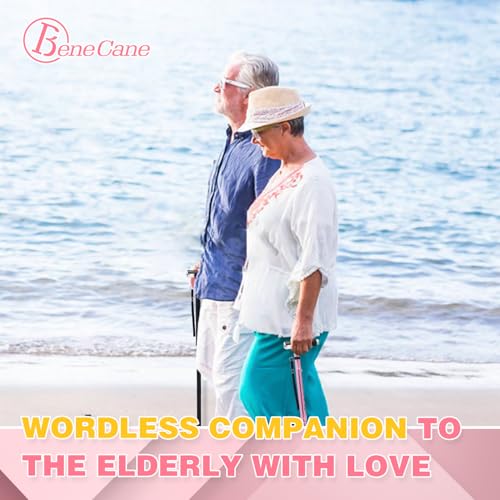 BeneCane Walking Cane for Women Folding Cane for Men with Two Led Lights Quad Cane with Stable Base Lightweight and Adjustable Walking Stick - color: Pink
