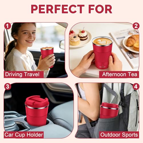 MOMSIV 12oz Travel Coffee Mug, Insulated Coffee Cup with Leakproof Lid Red - color: B-Red-12oz